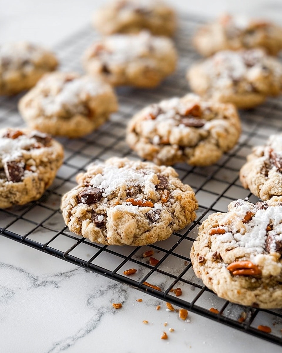 The image shows a group of soft cookies on a black cooling rack placed over a white marbled surface. Each cookie has a crumbly, textured top layer sprinkled with powdered sugar and contains visible chunks of dark chocolate and small pieces of pretzels, giving a mix of light brown and dark brown colors with hints of orange from the pretzels. The cookies are spaced evenly across the rack, with some cookie crumbs scattered around. photo taken with an iphone --ar 4:5 --v 7
