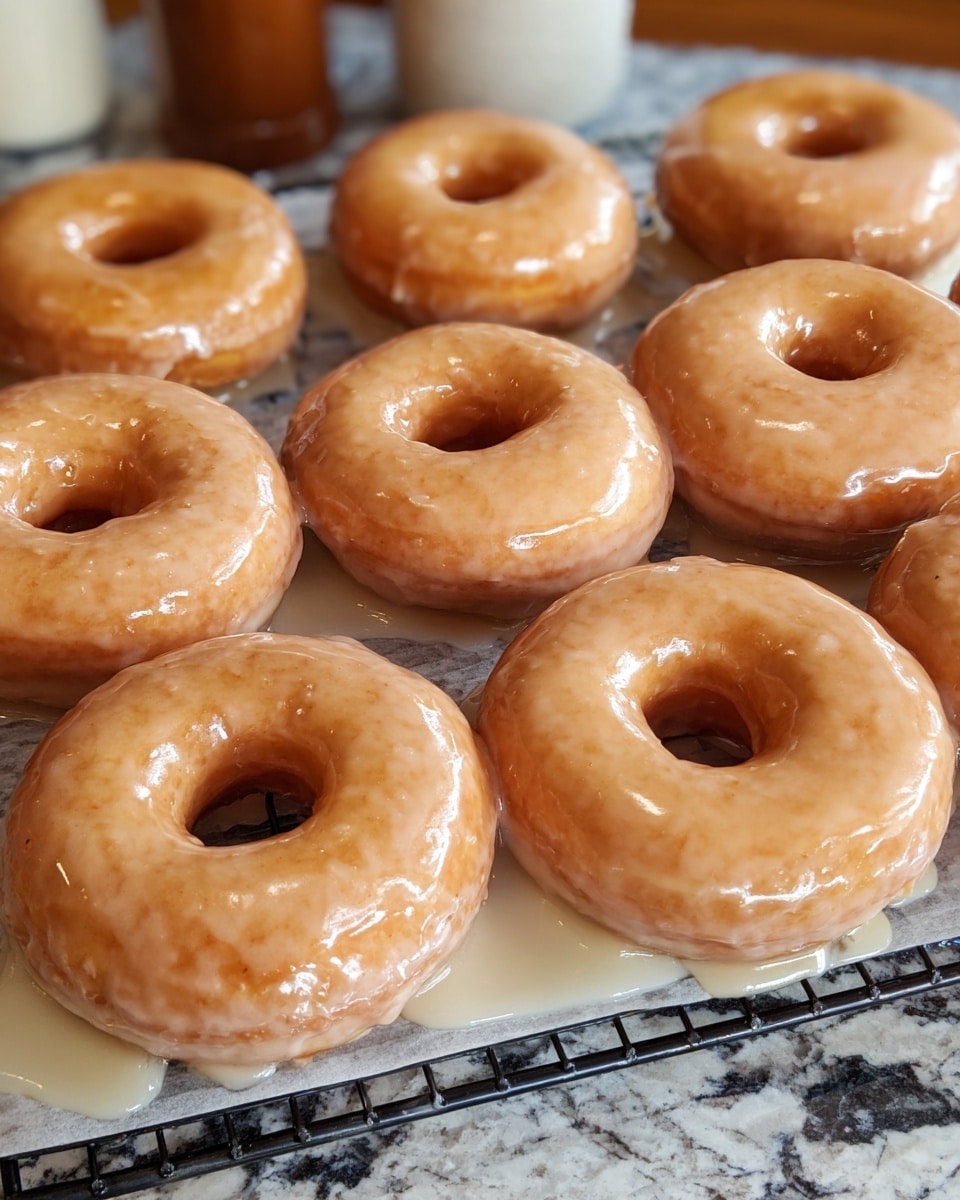 The image shows a group of eleven shiny glazed donuts arranged closely on a black metal cooling rack. Each donut has a smooth, golden-brown surface covered with a glossy, translucent layer of glaze that appears slightly dripped in places underneath the rack on white parchment paper. The donuts form two rows in the front and three rows in the back. The texture looks soft and fluffy with a light crust beneath the glaze. The scene rests on a white marbled table, subtly reflecting the light on the donuts. Photo taken with an iphone --ar 4:5 --v 7