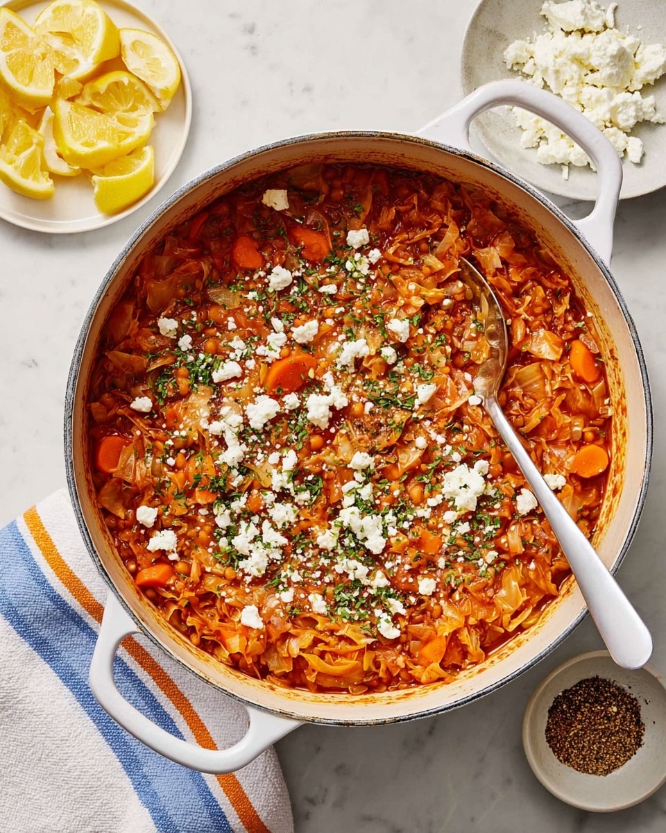 A large white pot filled with a thick stew made of soft cabbage pieces, orange carrot slices, and small lentils in a rich red-orange sauce. The surface is topped with white crumbled cheese and sprinkled green herbs, with a pinch of ground spices adding detail. A silver serving spoon with a white handle rests inside the pot. Next to the pot, there is a white plate holding six lemon wedges and two small white bowls, one with white cheese and the other with a mix of black and pink ground spices. The entire scene is set on a white marbled surface with a folded white towel featuring thin blue, orange, and yellow stripes. photo taken with an iphone --ar 4:5 --v 7