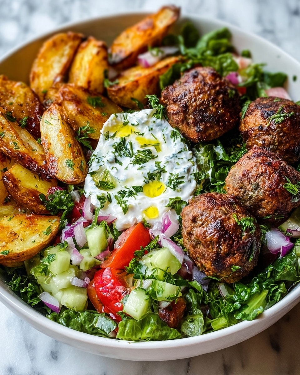 A white bowl holds a colorful dish with several layers: in the center is a thick dollop of creamy white tzatziki sauce with green herb bits and a drizzle of yellow olive oil; surrounding it are five round, browned meatballs with a crispy outside; to the left, golden roasted potato wedges with browned edges; at the top left, bright green chopped cucumber pieces and leafy lettuce; top right shows a mix of dark and light olives with chopped red onion; and the right side has bright red tomato chunks with green herbs sprinkled on top. All sits on a white marbled surface. photo taken with an iphone --ar 4:5 --v 7