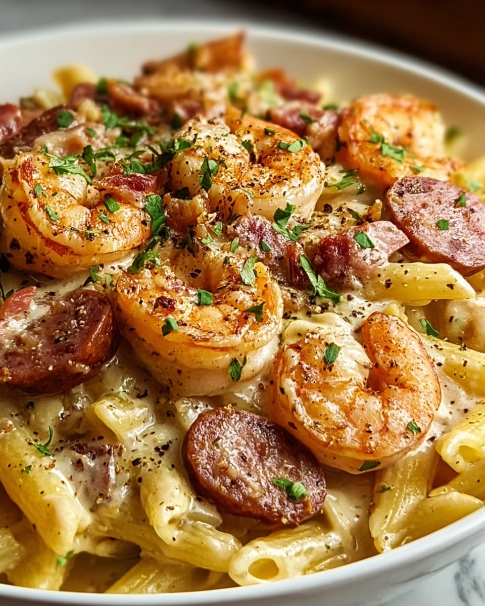 A close-up view of a white bowl filled with creamy pasta layers, starting with a base of yellow penne pasta coated in a thick, light beige creamy sauce. Scattered on top are plump, orange shrimp with light grill marks, browned sausage slices with a crispy edge, and small pieces of sautéed mushrooms with a soft, pale brown color. The dish is sprinkled with finely chopped green parsley and freshly cracked black pepper, adding texture and color contrast. The background shows a white marbled texture surface. photo taken with an iphone --ar 4:5 --v 7