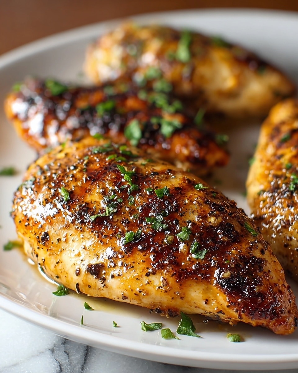 The image shows three pieces of grilled chicken breast on a white plate, each piece having a golden brown and slightly charred surface with visible black pepper and spices. The chicken skin looks crispy with a shiny, glazed texture. Small bits of chopped green herbs are sprinkled on top and around the chicken, adding a touch of fresh color. The close-up shot focuses on the front piece, making the texture and seasoning stand out clearly, while the background pieces are softly blurred. The plate is set on a white marbled surface. photo taken with an iphone --ar 4:5 --v 7