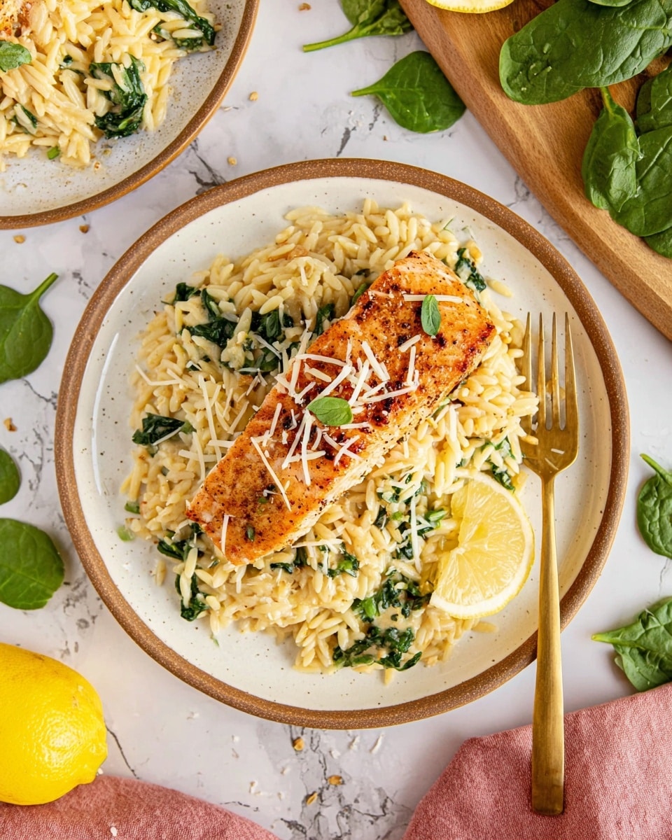 A white plate with a thin brown rim holds a bed of creamy orzo pasta mixed with chopped green spinach leaves scattered throughout. On top of the orzo sits a golden-brown, well-seasoned piece of cooked salmon sprinkled with thin shreds of light-colored cheese and small spinach pieces. A small lemon wedge is placed next to the salmon on the right side of the plate. A gold fork rests on the right edge of the plate. The background is a white marbled surface with scattered spinach leaves, a pink cloth partially visible under the plate, and a lemon in the lower left corner, along with a wooden cutting board with spinach leaves in the upper right corner. Photo taken with an iphone --ar 4:5 --v 7