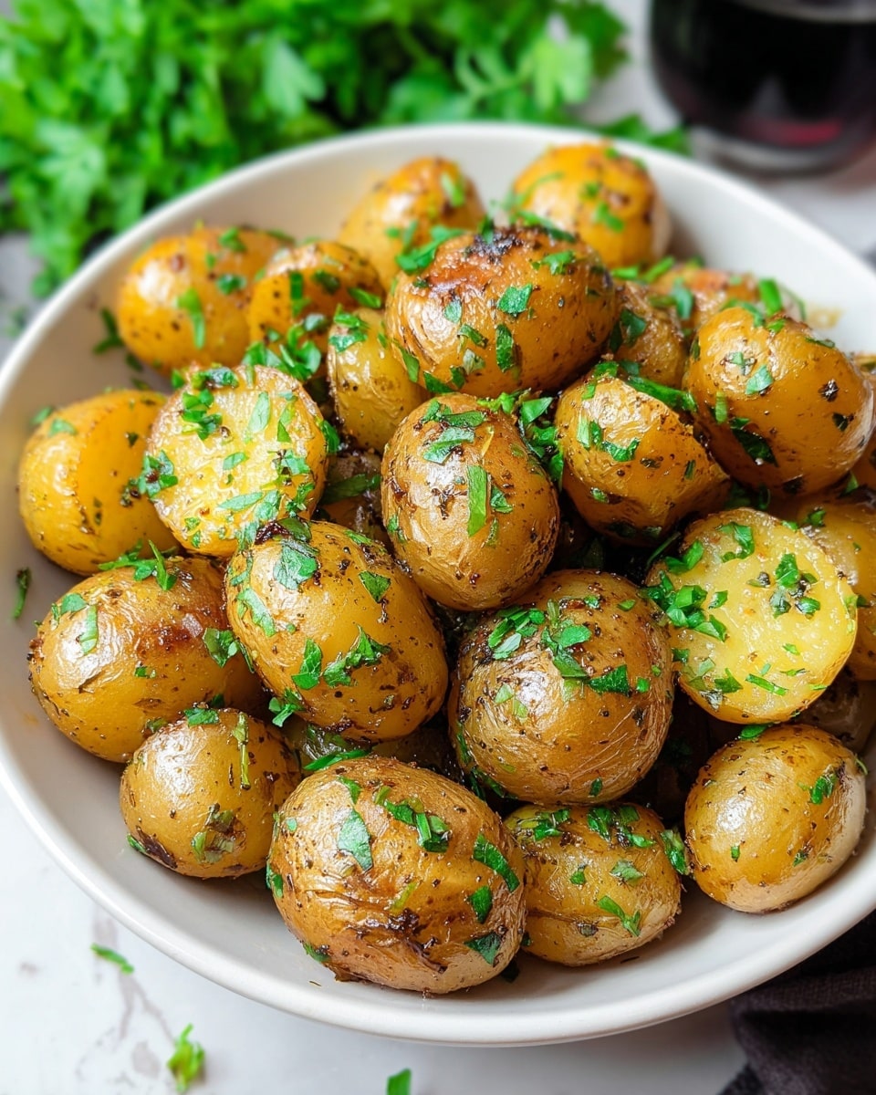 A white bowl full of small whole and halved golden baby potatoes, roasted with a shiny and slightly crispy texture, sprinkled with chopped fresh green herbs evenly covering the potatoes. The potatoes show a mix of smooth and slightly browned skin with visible seasoning specks. The bowl is set on a white marbled surface with green leafy herbs blurred in the background, giving a fresh and vibrant look. photo taken with an iphone --ar 4:5 --v 7