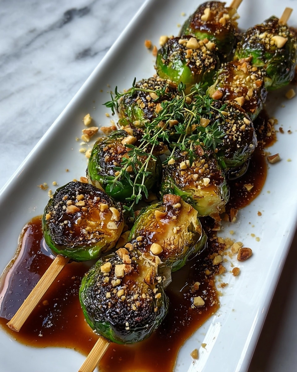 The image shows two wooden skewers placed diagonally on a white rectangular plate, each holding five grilled Brussels sprouts that have a charred, dark green outer layer with golden-brown caramelized spots. A thick, glossy dark brown sauce is spread underneath and around the Brussels sprouts, pooling slightly on the plate. Crushed light beige nuts are sprinkled generously over the Brussels sprouts and sauce. A fresh green sprig of thyme lies across the top skewer, adding a touch of bright green leaves and woody stems. The setting is on a white marbled texture surface. photo taken with an iphone --ar 4:5 --v 7