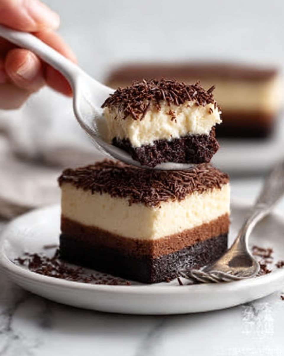 The image shows three small round cakes with three distinct layers, placed on a white rectangular plate on a white marbled surface. The bottom layer is dark brown and looks like a soft chocolate cake. The middle layer is creamy and light beige, smooth and thick. The top layer is a darker chocolate ganache spread evenly with a swirl pattern, and the very top has small dark chocolate curls scattered in the center. Crumbs and small chocolate pieces are around the cakes. A woman’s hand with a fork is near the plate. Photo taken with an iphone --ar 4:5 --v 7