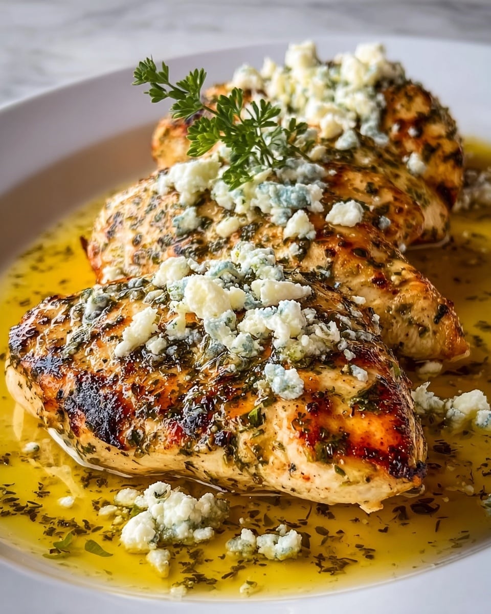 The dish shows four cooked chicken breast pieces arranged closely on a white plate, each piece golden brown with a slightly crispy texture and specks of black seasoning. On top of the chicken, there are white and crumbly bits of cheese scattered unevenly along with finely chopped green herbs, creating a fresh contrast. The chicken sits in a shallow puddle of golden olive oil mixed with more herbs, giving a shiny, moist look. A small sprig of green herb rests on the top piece, adding color and height to the presentation. The white marbled surface under the plate is softly blurred, focusing on the rich textures and colors of the chicken dish. photo taken with an iphone --ar 4:5 --v 7