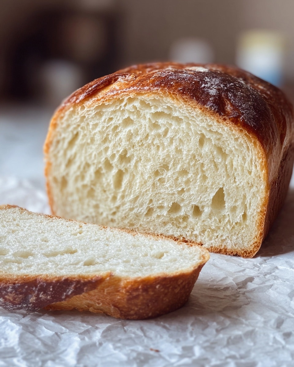 A freshly baked loaf of bread with a golden-brown crust, slightly shiny and dusted with light flour, sits on a crinkled piece of parchment paper. The loaf is rectangular with a soft, smooth top that shows subtle texture from baking. The parchment paper rests on a wooden board with a square pattern, placed on a white marbled surface. In the background, there are blurred white ceramic cups. Photo taken with an iphone --ar 4:5 --v 7