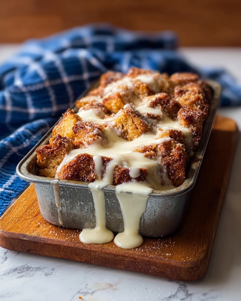 A rectangular loaf cake with a thick, crumbly brown streusel topping covers the entire top surface, while a white glaze is drizzled unevenly over the streusel, adding a glossy finish. The inside of the loaf shows a swirl of light tan cake mixed with a cinnamon-brown swirl and chunks of light yellow apple pieces near the center. The loaf sits in a metal baking pan on a white marbled surface with a blue cloth partially visible to the side. Photo taken with an iphone --ar 4:5 --v 7