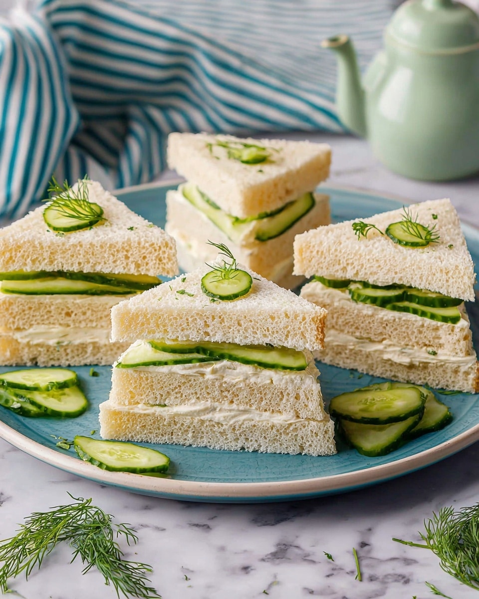 The image shows a white round plate filled with multiple small triangle sandwiches arranged neatly. Each sandwich has two layers of soft white bread with a creamy light green filling that contains thin cucumber slices and small green herb bits, visible through the sides. Around the plate, there are a few round cucumber slices and small green herb sprigs placed decoratively. Above the plate on a white marbled surface, there are three sandwich triangles stacked, showing the same filling. To the left, there is a small white ramekin with a silver spoon inside, holding a creamy white sauce with herbs. In the far right top corner, a tied small bunch of fresh green dill is placed. A soft plaid cloth with blue, beige, and white colors lies below the plate photo taken with an iphone --ar 4:5 --v 7