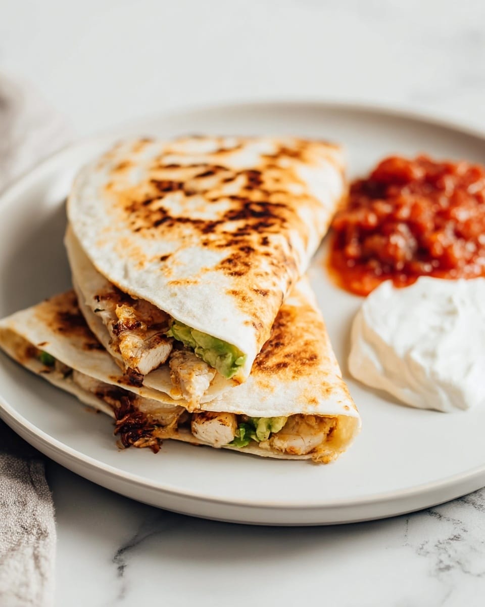 Two folded grilled tortillas with golden brown char marks are stacked slightly overlapping on a white plate. The top tortilla shows some filling peeking out, including light brown grilled chicken and bits of green avocado. To the right on the plate, there is a dollop of white sour cream topped with chunky red salsa. The plate sits on a white marbled surface, giving a clean and simple look. photo taken with an iphone --ar 4:5 --v 7