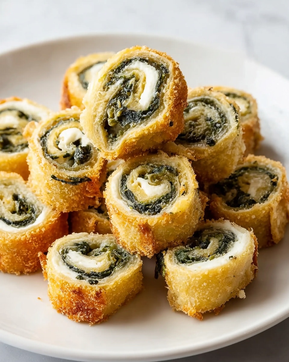 A white plate is filled with about fifteen small round pinwheel rolls stacked in a heap. Each roll has two visible layers: a golden-brown outer layer with a crisp, slightly toasted texture, and an inner layer with green leafy spinach intertwined with a creamy, light yellow cheese filling. The rolls are tightly rolled, showing spirals of green and cream colors in the center with a flaky crust around the edges. The plate sits on a white marbled surface, adding a clean, elegant look. photo taken with an iphone --ar 4:5 --v 7