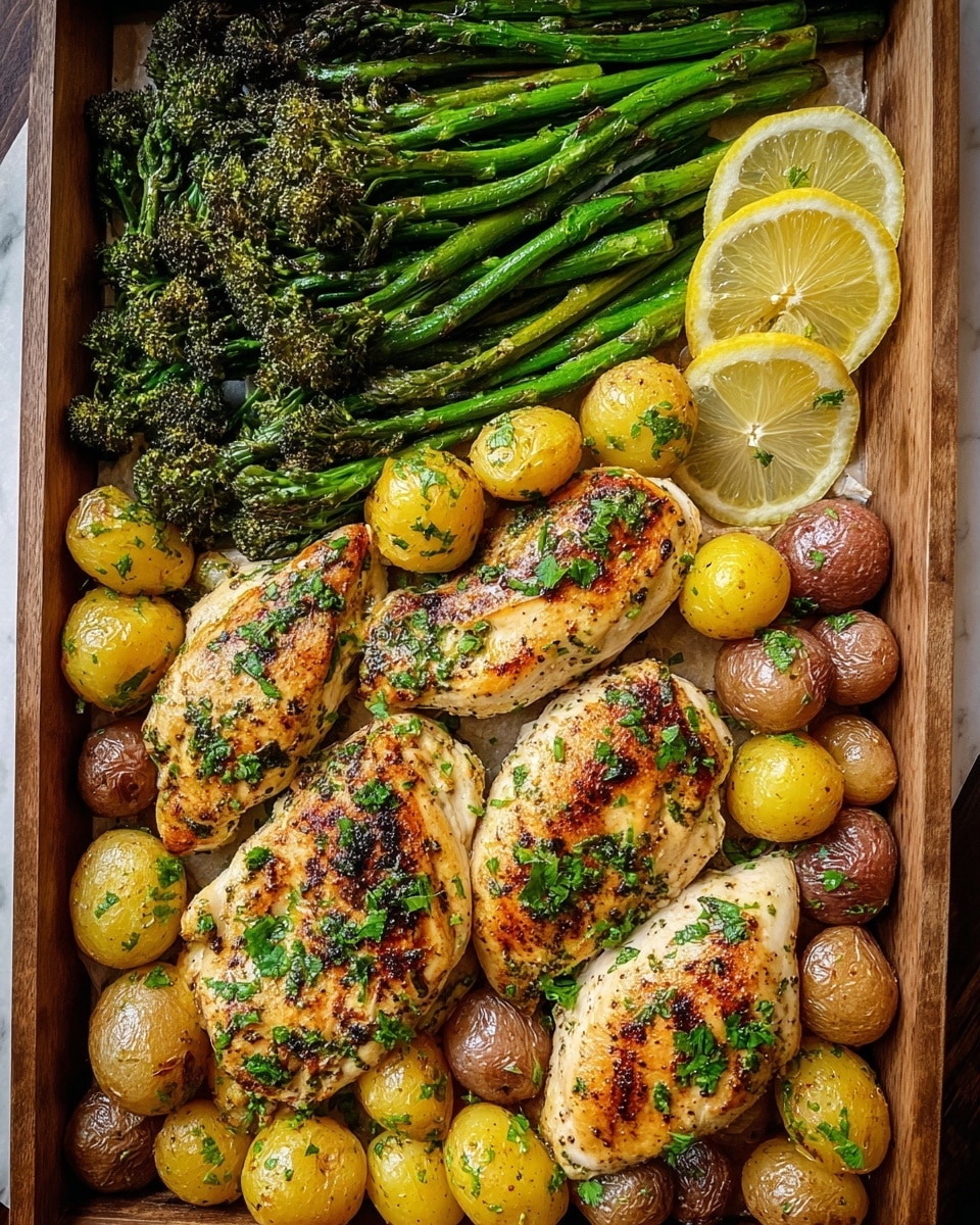 A sheet pan filled with three browned and crispy chicken thighs in the top left, sprinkled with chopped herbs and cracked pepper, beside a neat row of bright green roasted asparagus topped with two slices of lemon, and a mix of golden roasted baby potatoes and roasted broccoli with lemon slices in the bottom left corner, all glistening with olive oil and garnished with herbs, set on a white marbled texture. photo taken with an iphone --ar 4:5 --v 7