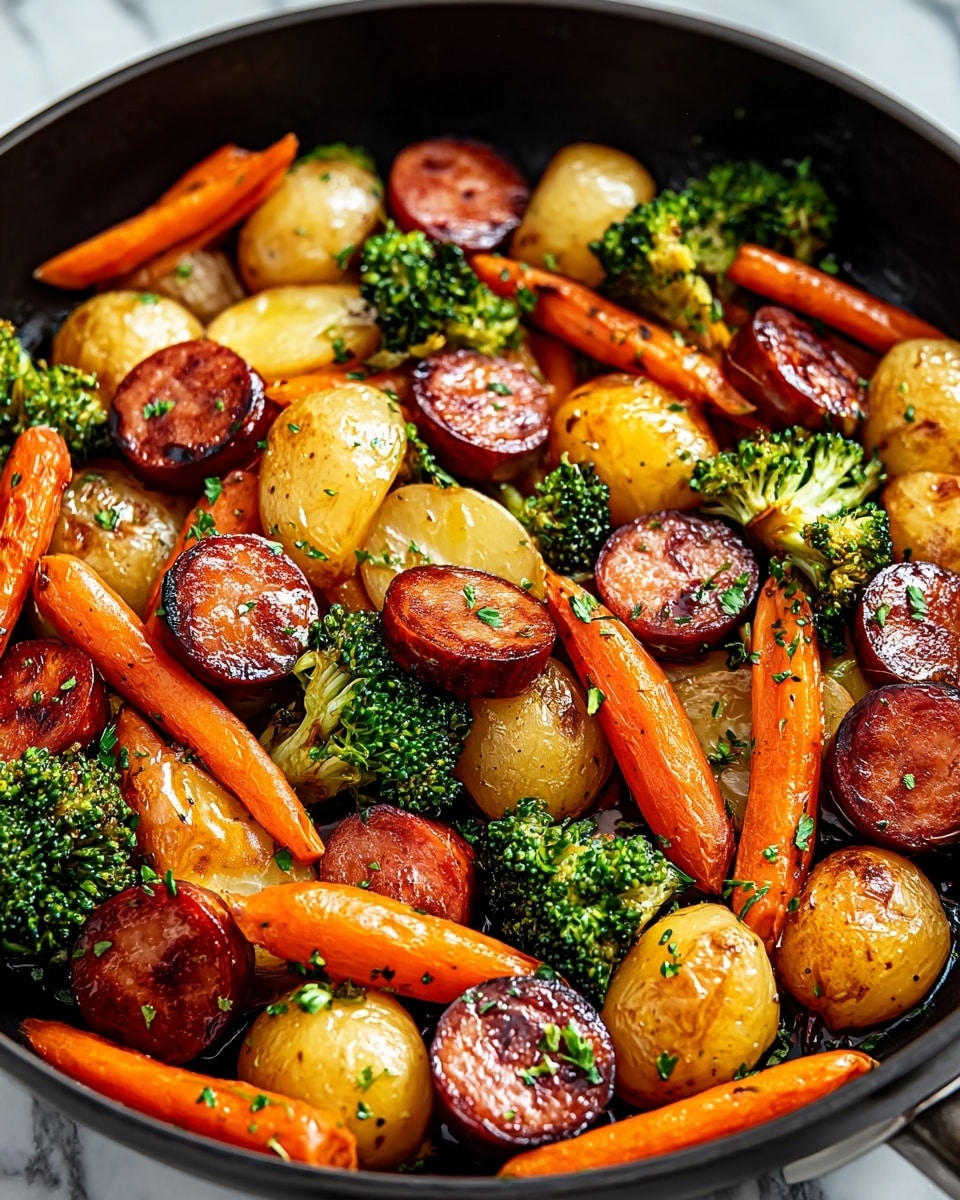 A close-up of a large black frying pan filled with three layers of food: the bottom layer has small golden-brown roasted potato pieces with a slightly crispy texture, the middle layer shows bright orange glazed baby carrots with a shiny surface, and the top layer has thick, round slices of grilled sausage with a deep reddish-brown color and char marks, all mixed with small, vibrant green broccoli florets. The pan is set on a white marbled surface with a hint of a light gray cloth in the corner. The scene is bright with natural light highlighting the glossy textures and colors of the food. photo taken with an iphone --ar 4:5 --v 7