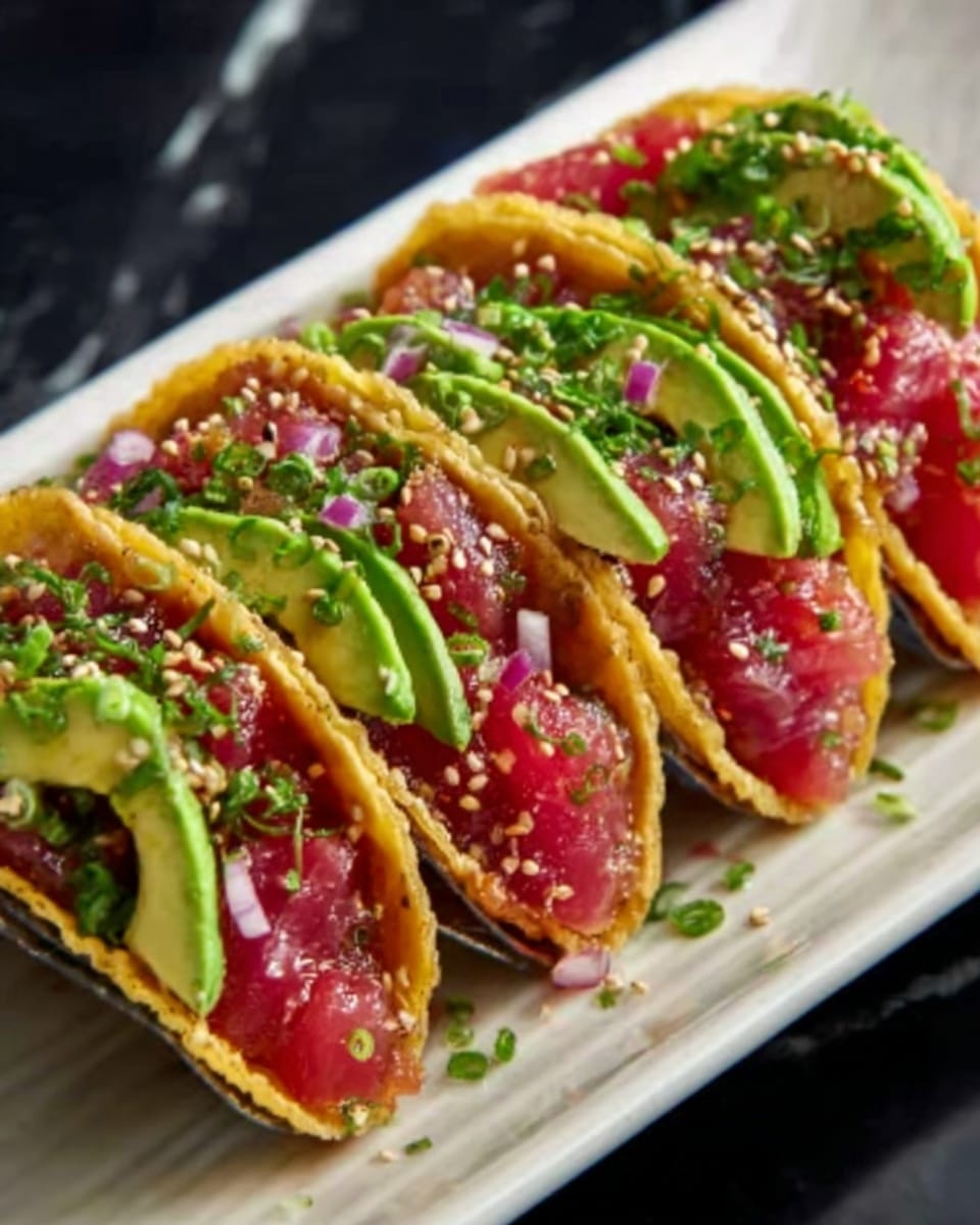 Three crispy golden taco shells filled with bright pink raw tuna chunks form the base layer, each topped with thin slices of green avocado placed at an angle. On top, finely chopped green onions and small bits of purple onion add color and texture, sprinkled with both white and black sesame seeds. The tacos are arranged in a neat row on a white plate set on a white marbled surface, close up to show the fresh, glossy ingredients. photo taken with an iphone --ar 4:5 --v 7