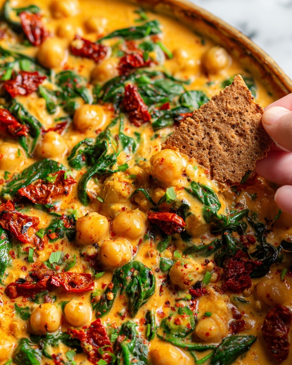 A close-up of a creamy dish with three main layers visible: the base is a smooth orange-yellow sauce, dotted with whole chickpeas that are light yellow and round. Mixed through the sauce are bright green spinach leaves with a slightly wilted texture and small pieces of deep red sun-dried tomatoes scattered throughout. On the top right, a woman’s hand holds a triangular brown cracker that shows a rough texture, partly dipped into the sauce. The dish is set on a white marbled texture background, showing vibrant colors and rich textures. Photo taken with an iphone --ar 4:5 --v 7