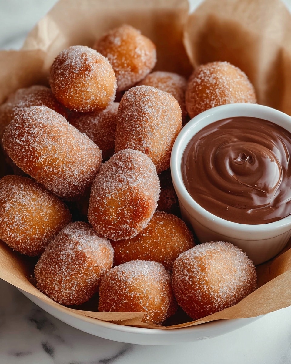 The image shows a white bowl filled with many small, golden brown doughnut holes covered in a fine layer of sugar, giving them a slightly grainy texture. Sitting inside the bowl next to the doughnuts is a white cup filled with smooth, thick chocolate sauce with a glossy surface and some chocolate smudges on the inside edge. The bowl is lined with light beige parchment paper that wrinkles naturally around the edges. The whole setup rests on a white marbled background. photo taken with an iphone --ar 4:5 --v 7