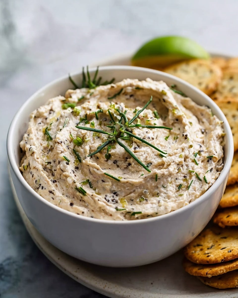 A close-up view of a creamy salad served in a smooth, round, white bowl with a matte finish. The salad has a chunky texture with a base of white cream mixed with light brown bits, likely mushrooms or nuts, and small pieces of green herbs mixed throughout. Fresh chopped green onions are sprinkled generously on top, adding bright green color and freshness to the dish. In the background, out of focus, three slices of white bread rest on a white marbled surface. photo taken with an iphone --ar 4:5 --v 7