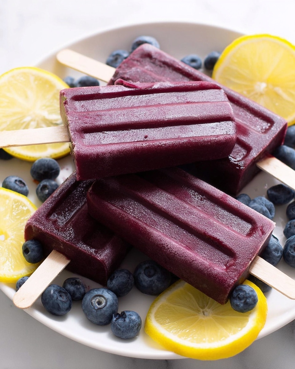 Four dark purple popsicles with smooth, ridged surfaces lie stacked on a white plate. The popsicles have wooden sticks pointing outward. Scattered around and underneath are fresh, round blueberries with a deep blue color. Bright yellow lemon slices and wedges are placed around the popsicles, adding a fresh contrast. The scene is set on a white marbled surface with some blueberries and a white bowl filled with more blueberries in the soft background. Photo taken with an iphone --ar 4:5 --v 7