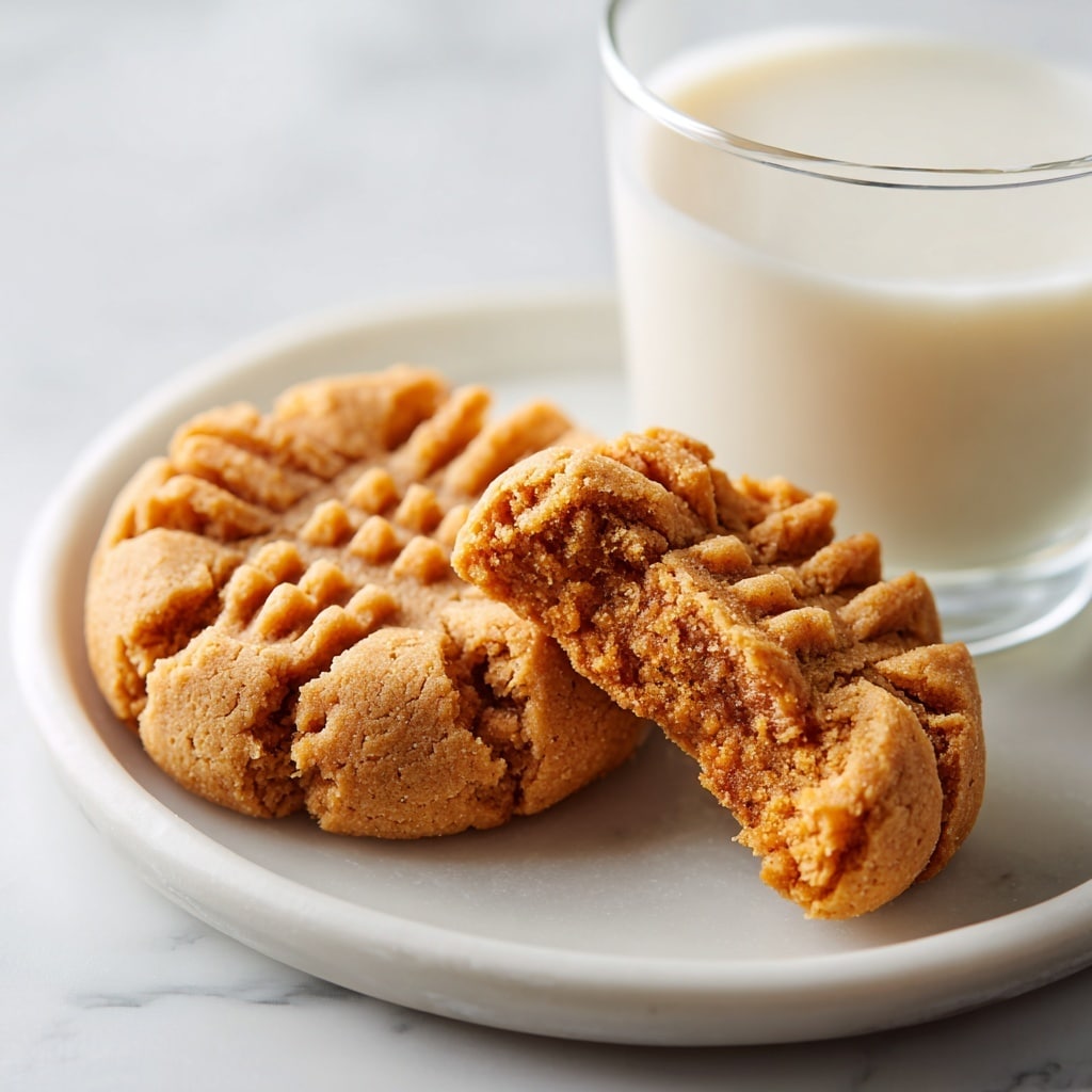 Two golden brown peanut butter cookies sit on a round white plate with a slightly cracked surface and a grid pattern pressed on top; one cookie is whole and the other rests leaning on it, showing a crumbly interior with a soft texture. Behind the cookies, a clear glass filled with white milk is partly visible. The plate is placed on a white marbled surface. photo taken with an iphone --ar 4:5 --v 7