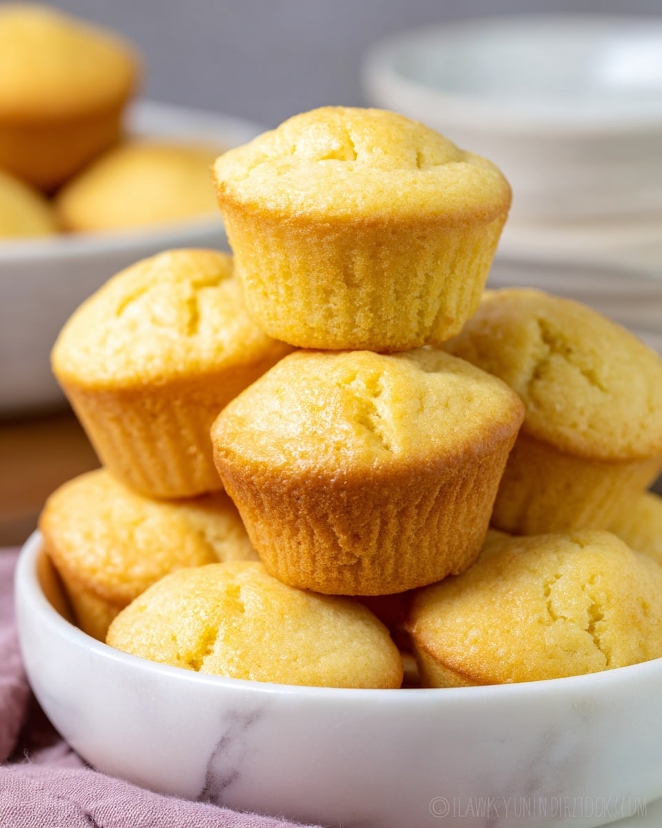 A pile of golden yellow cornbread muffins stacked in a white bowl, each muffin showing a slightly cracked, soft top texture with a gentle rise; the muffins have a light, airy crumb look and smooth sides that gently curve outward at the base, creating a rounded shape; the background is softly blurred with subtle hints of other white bowls and a white marbled surface supporting the bowl. photo taken with an iphone --ar 4:5 --v 7