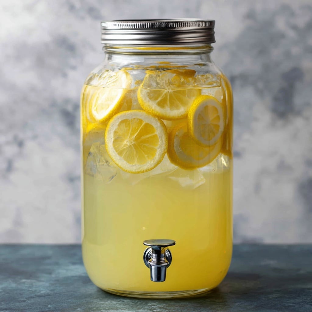 A clear glass large jar with a silver lid is filled mostly with bright yellow lemonade, showing a smooth liquid layer at the bottom. On top, there is a layer of clear ice cubes and thin yellow lemon slices, some partially submerged, adding texture and color contrast. The jar has a silver spout tap attached near the base, and it sits on a dark surface with a white marbled background behind it. The glass jar has embossed text on the front, visible but not fully readable. Photo taken with an iphone --ar 4:5 --v 7
