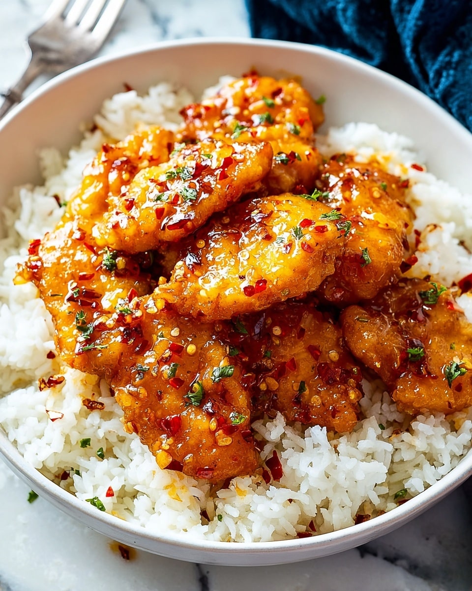 A white bowl filled with a base layer of fluffy white rice, topped with several pieces of golden-brown glazed chicken arranged closely in the center. The chicken has a shiny, sticky orange glaze with visible red chili flakes and small green herb pieces scattered on top. The texture of the chicken looks slightly crispy on the edges with a moist, rich sauce coating. The bowl sits on a white marbled surface with hints of a dark blue cloth and a fork blurred in the background. photo taken with an iphone --ar 4:5 --v 7