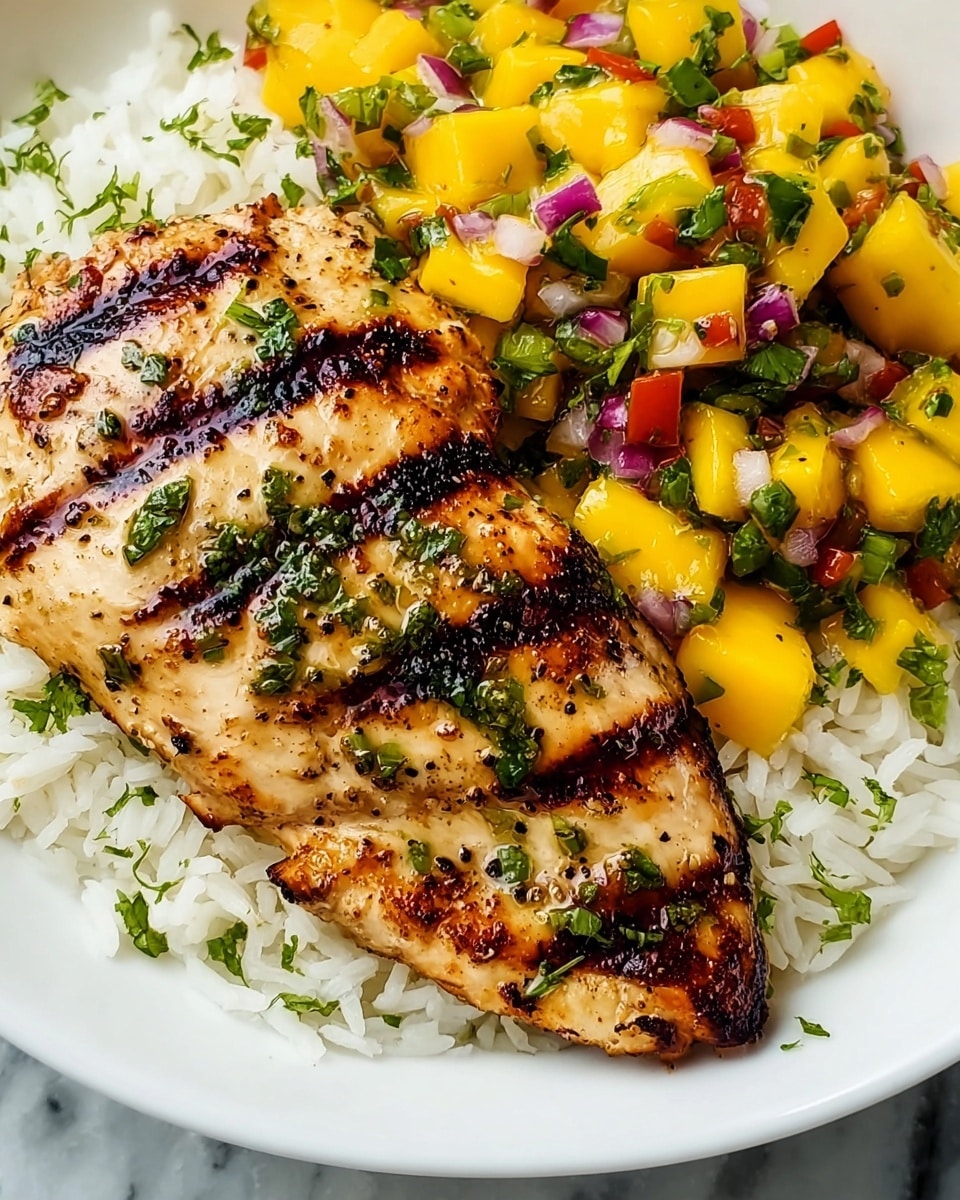 A white plate holds a grilled chicken breast with dark brown grill marks, sitting on a bed of white rice. The chicken is golden brown with specks of black pepper and is sprinkled with fresh green herbs. Next to the chicken, there is bright yellow mango salsa with diced mango chunks, red onion pieces, small bits of green herbs, and hints of red tomato, all mixed together with a slightly glossy texture. The background shows a white marbled surface. photo taken with an iphone --ar 4:5 --v 7