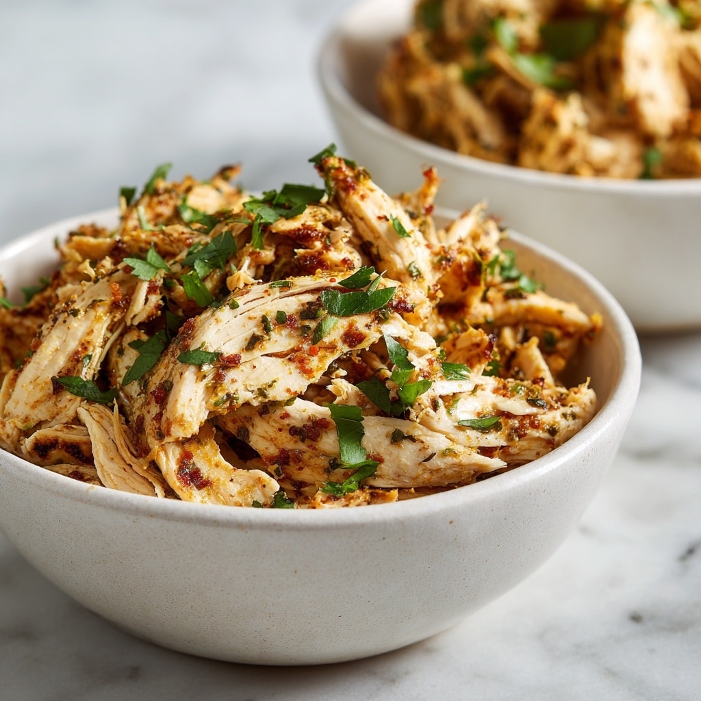 A close-up view of a bowl filled with shredded cooked chicken, showing about two layers of tender, juicy meat. The chicken is light brown with darker brown grilled bits and is seasoned with herbs, giving it a speckled green and white texture. A small sprig of fresh green thyme sits on top of the chicken. The bowl is white with a smooth surface, set on a white marbled texture. In the blurred background, there is another white bowl also filled with shredded chicken. photo taken with an iphone --ar 4:5 --v 7