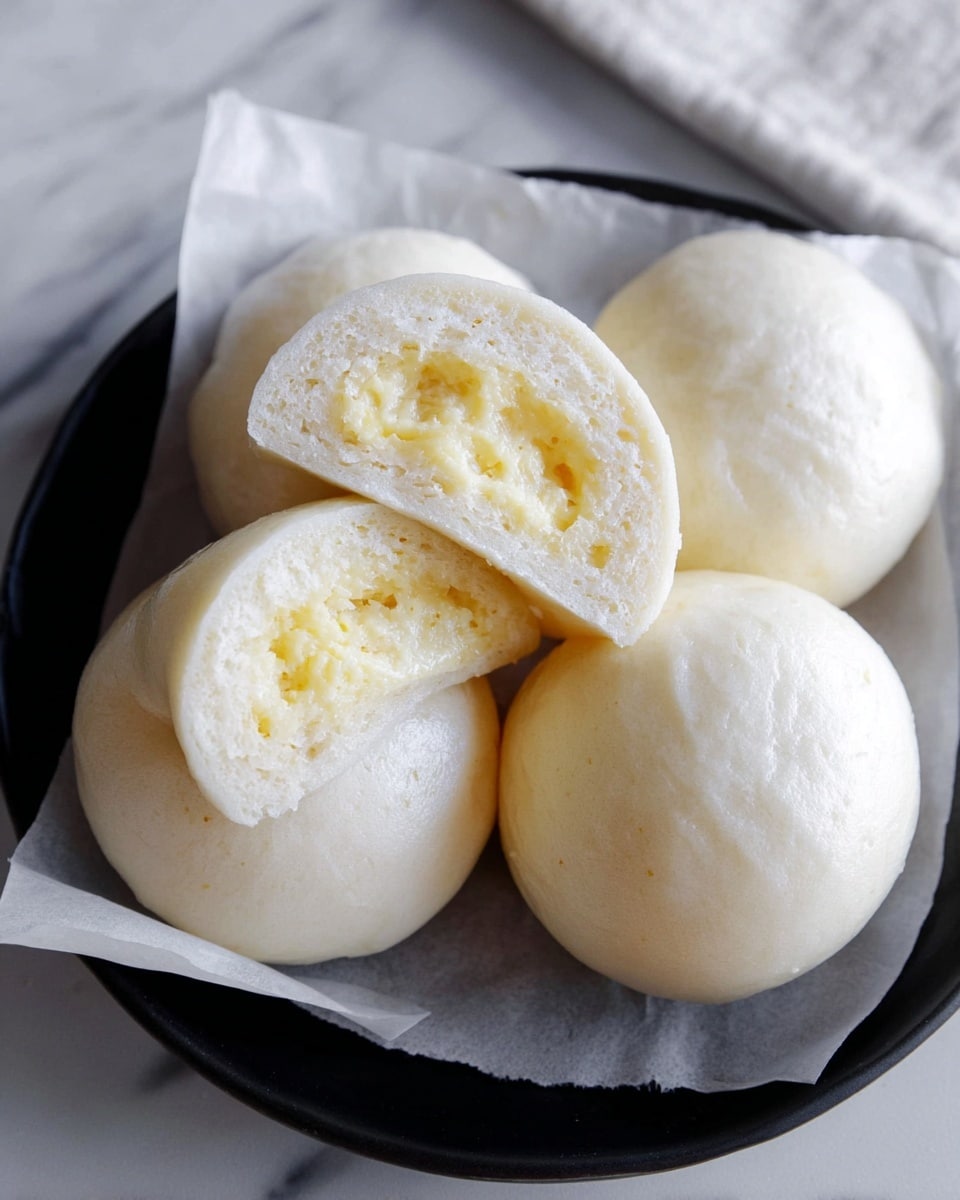 The image shows two soft, round buns placed on a black plate lined with white paper. One bun is whole while the other is cut in half, revealing a creamy yellow filling inside. The buns have a pale, slightly powdery outer layer with a smooth, light texture. In the background, a white bowl and some whole buns are slightly out of focus, all set on a white marbled surface. Photo taken with an iphone --ar 4:5 --v 7