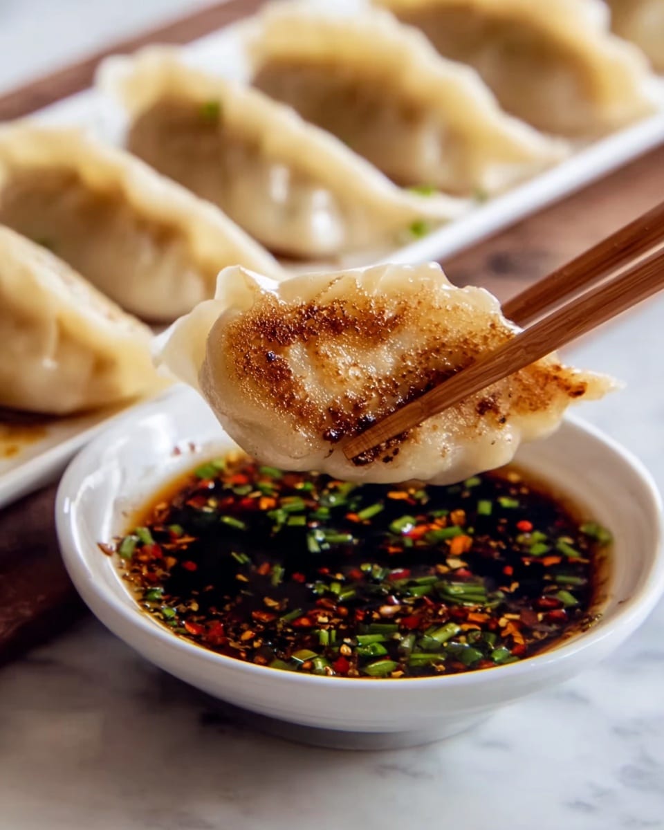 A pair of wooden chopsticks hold a pan-fried dumpling with a golden-brown, crispy bottom and soft, pale, slightly translucent dough on top, dipping into a small white bowl filled with dark soy-based sauce dotted with green chives and red chili flakes. Behind the bowl, there is a white rectangular plate with more dumplings arranged in a row, showing their soft, creamy color and smooth texture. The scene is set on a white marbled surface, giving a clean and simple background to the warm, inviting colors of the food. photo taken with an iphone --ar 4:5 --v 7