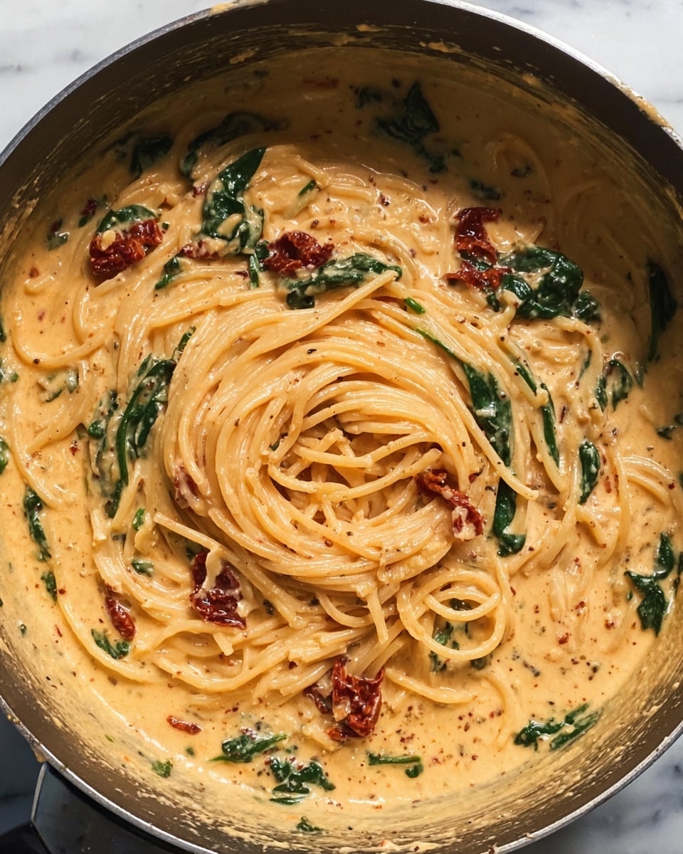 The image shows a pan with creamy pasta, where the long spaghetti noodles are coated in a thick, light orange sauce with a smooth and rich texture. The pasta is mixed evenly with dark green spinach leaves, adding a fresh touch, and scattered pieces of dried red sun-dried tomatoes on top for color contrast. The sauce has small herbs and spice bits spread throughout, giving a speckled look. The noodles are neatly twirled in the center, with the sauce clinging well to them and the edges of the pan showing some sauce residue. The pan sits on a white marbled surface. photo taken with an iphone --ar 4:5 --v 7