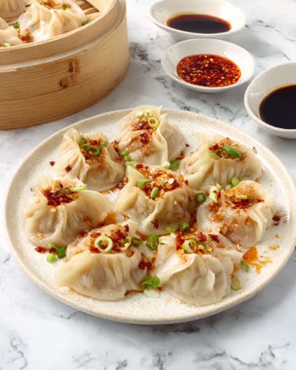 A white plate sits on a white marbled surface, filled with a single layer of twelve steamed dumplings arranged close together, each dumpling showing pale, translucent dough with slight folds and creases. The dumplings have a shiny, moist look with scattered bits of red chili flakes and chopped green onions on top, adding small pops of color. Nearby, there is a white bowl with dark soy sauce and a white bowl with red chili oil, both sitting on the same surface. A woman’s hand holds one dumpling with chopsticks above the plate, adding a sense of action. Photo taken with an iphone --ar 4:5 --v 7