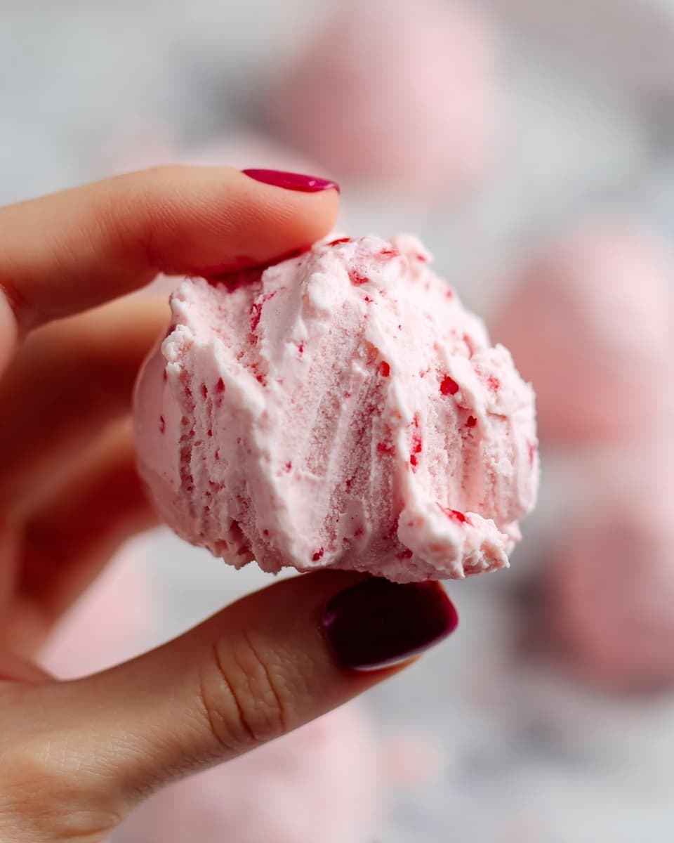 A close-up view of a small scoop of light pink creamy dessert with small pieces of red fruit mixed inside. The texture shows soft, smooth cream with visible fruit bits and gentle ridges on the side. The scoop is held between the thumb and index finger of a woman's hand with dark pink nail polish. The background is softly blurred but shows more of the same pink dessert on a white marbled surface. photo taken with an iphone --ar 4:5 --v 7