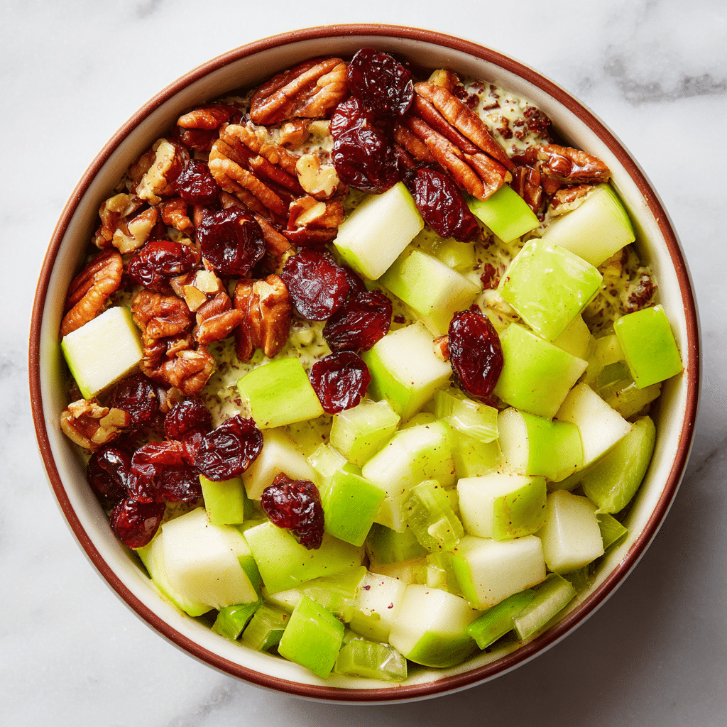 A close-up image of a fruit and nut salad in a white bowl with a brown rim, placed on a white marbled texture. The salad has three layers: the bottom layer is a mix of small chopped green apple pieces with bright green skin and white inside, the middle layer features chunks of light yellow apple, celery pieces in pale green, and broken pecans with a rough texture and brown color scattered throughout. The top layer is dotted with several dark red dried cranberries glistening in the light, and everything is lightly coated with a grainy dressing that looks like whole grain mustard seeds and creamy sauce. Photo taken with an iphone --ar 4:5 --v 7