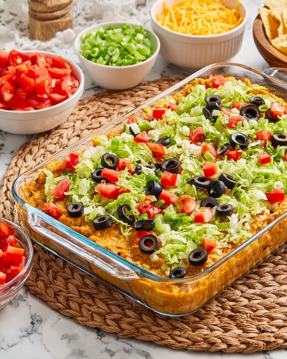 A clear glass rectangular dish holds a layered Mexican-style casserole placed on a woven mat over a white marbled surface. The bottom layer is orange with a creamy, slightly chunky texture, likely a cheesy or bean-based mix. On top, there is a fresh, colorful layer made of shredded green lettuce, slices of black olives, bright red chopped tomatoes, and light green chopped scallions scattered evenly across the dish. Around the casserole, small white bowls hold extra toppings like shredded yellow cheese, diced red tomatoes, and chopped lettuce. The overall presentation is vibrant and fresh, with the mix of creamy and crisp textures clearly visible. Photo taken with an iphone --ar 4:5 --v 7