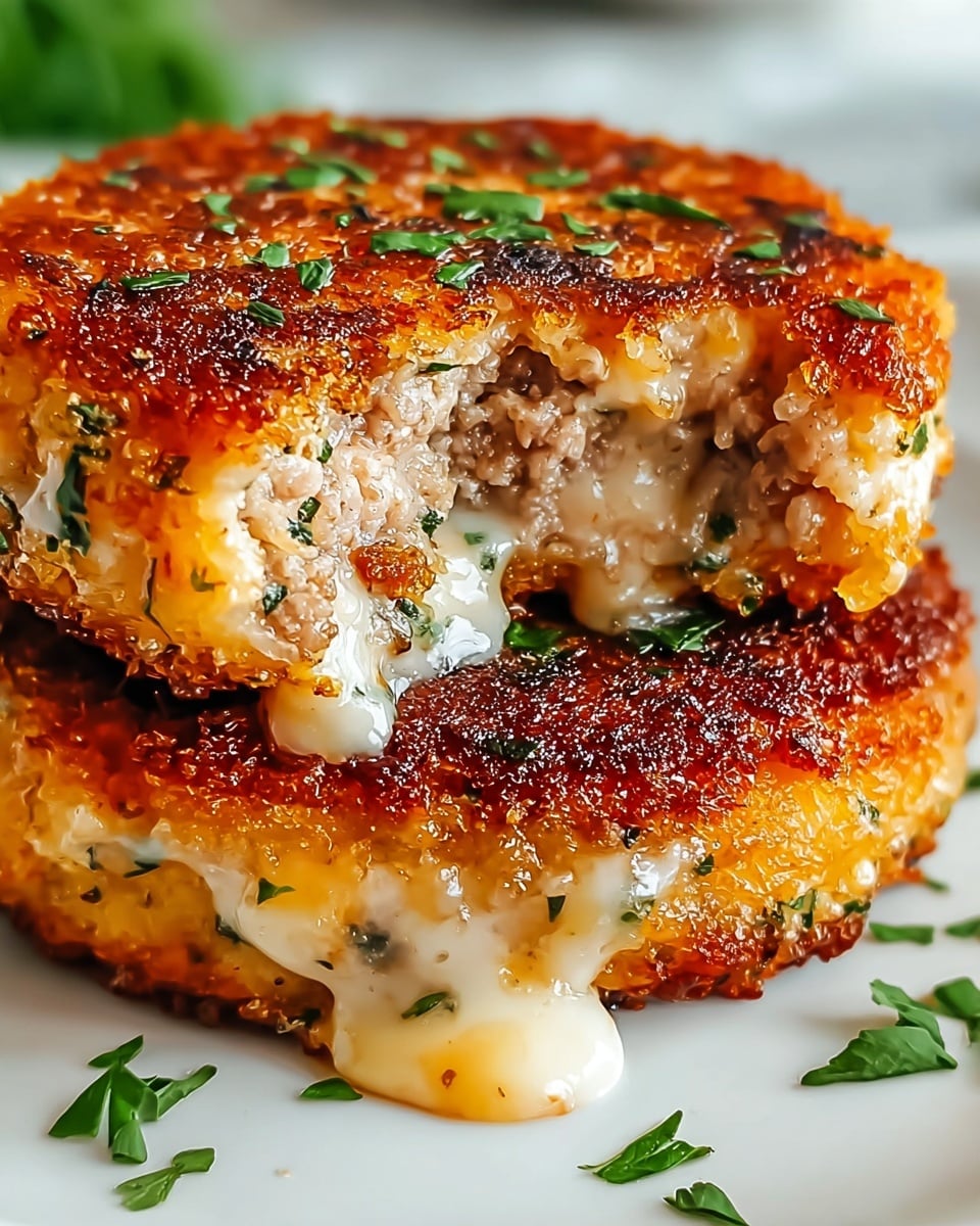 Two thick, round patties stacked on top of each other on a white surface with a white marbled texture, each patty has a crispy golden brown outer layer with small dark char marks, and the inside is moist with tender white pieces of chicken and melted creamy white and orange cheese mixed with small green herbs. The top patty is slightly bitten, showing its soft inside texture, with melted cheese oozing out below. Small green herb pieces are sprinkled on and around the patties. photo taken with an iphone --ar 4:5 --v 7