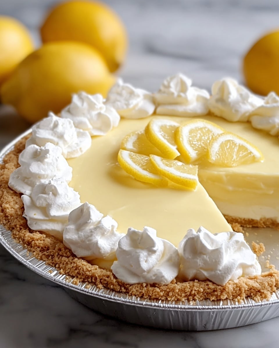 The image shows a lemon cream pie with a crumbly golden-brown crust as the base in a silver pie dish, filled with a thick, smooth pale yellow lemon layer, topped with a thick white whipped cream layer, and decorated with swirls of whipped cream around the edge. Thin, translucent yellow lemon slices are placed on top of the whipped cream in the center. The pie has one slice missing, revealing the layers inside. The pie is set on a white marbled surface with whole yellow lemons in the blurred background. Photo taken with an iphone --ar 4:5 --v 7