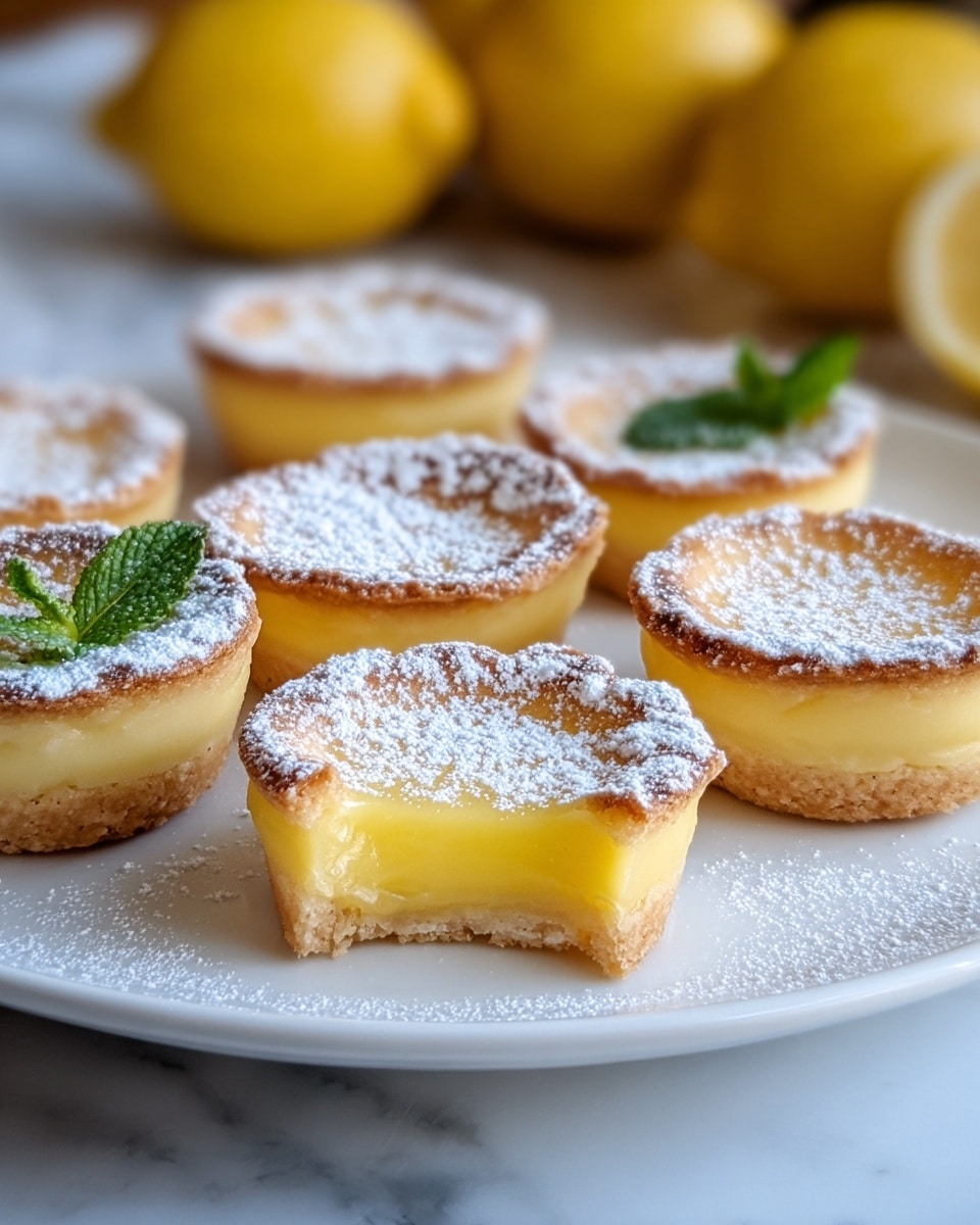The image shows a white plate filled with small lemon tarts, each having three visible layers: a light golden-brown crispy tart shell at the bottom, a thick, smooth, bright yellow lemon curd layer in the middle, and a thin, slightly browned tart crust on top. The top crusts are dusted with fine white powdered sugar, adding a delicate texture. The tarts are neatly arranged with some mint leaves as garnish peeking through, and whole lemons are placed blurred in the background. The scene is set on a white marbled surface, giving a clean and bright look. photo taken with an iphone --ar 4:5 --v 7