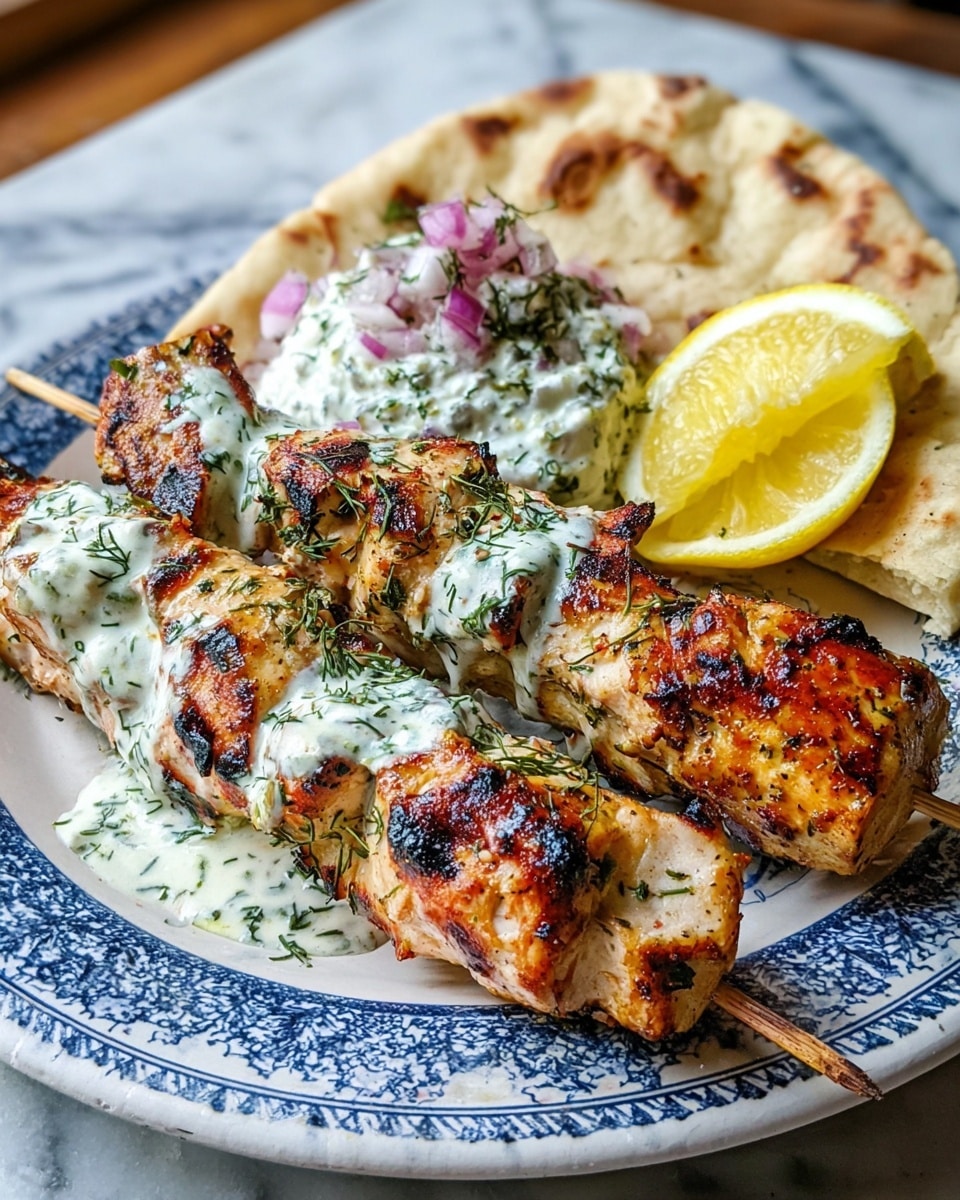 Two grilled chicken skewers with a golden-brown, slightly charred texture are placed on a white plate with blue patterns. The chicken pieces are covered with a creamy white sauce sprinkled with green herbs. Behind the skewers is a folded, light tan flatbread with brown spots. Next to the flatbread is a scoop of thick white sauce mixed with small green bits and topped with chopped purple onions and herbs. Two bright yellow lemon slices are placed near the skewers. The plate sits on a white marbled surface. Photo taken with an iphone --ar 4:5 --v 7