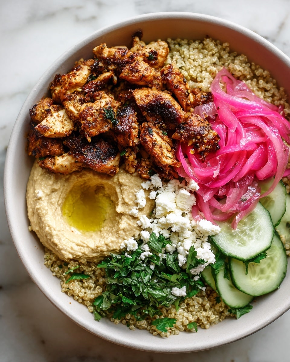 A white bowl holds a layered dish starting with a base of light tan quinoa grains. On top, there is a generous portion of golden-brown grilled chicken pieces with a slightly charred texture. Next to the chicken, creamy beige hummus is spread with a small well in the center filled with golden olive oil. To the right of the hummus are bright pink pickled onions, thinly sliced and slightly glossy. Crumbled white feta cheese is scattered near the chicken and hummus, with fresh green parsley leaves sprinkled throughout for color. At the bottom right, thin cucumber slices with light green skin are placed beside the cheese. All ingredients rest against a soft white marbled surface. Photo taken with an iphone --ar 4:5 --v 7