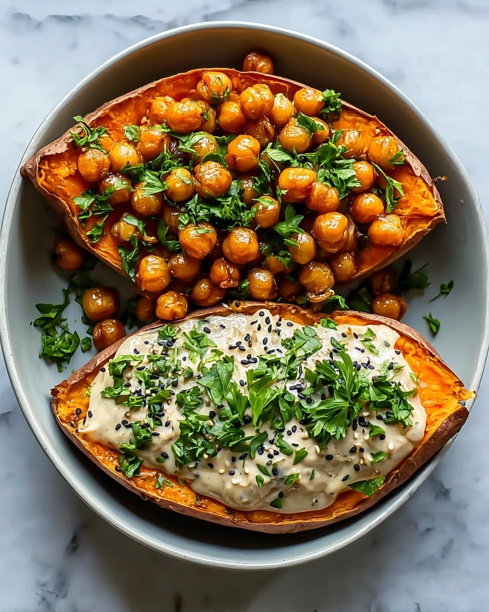 The dish shows two halves of a roasted sweet potato placed side by side in a white bowl. Each sweet potato half has a soft, bright orange interior with a slightly darker brown skin. One half is topped with a heap of shiny, golden chickpeas sprinkled with fresh green chopped herbs, mostly parsley. The other half has creamy beige sauce spread over it, dotted generously with small black seeds, also garnished with fresh chopped green herbs. The bowl sits on a white marbled surface. photo taken with an iphone --ar 4:5 --v 7