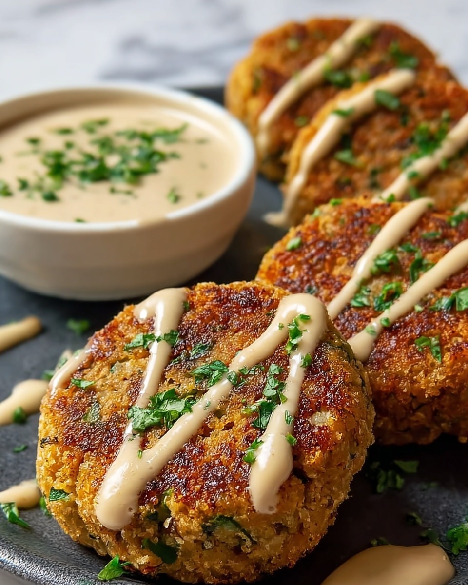 A white round plate holds eight golden brown falafel patties arranged in a close group. Each falafel has a slightly rough texture with visible bits of green herbs inside, showing a crispy outer layer. A creamy light beige sauce is drizzled over each falafel in a smooth vertical line from top to bottom, and small chopped green herbs are sprinkled on top of the sauce and around the plate. The plate is set on a white marbled texture surface, with a folded light-colored cloth partially visible to the side. photo taken with an iphone --ar 4:5 --v 7