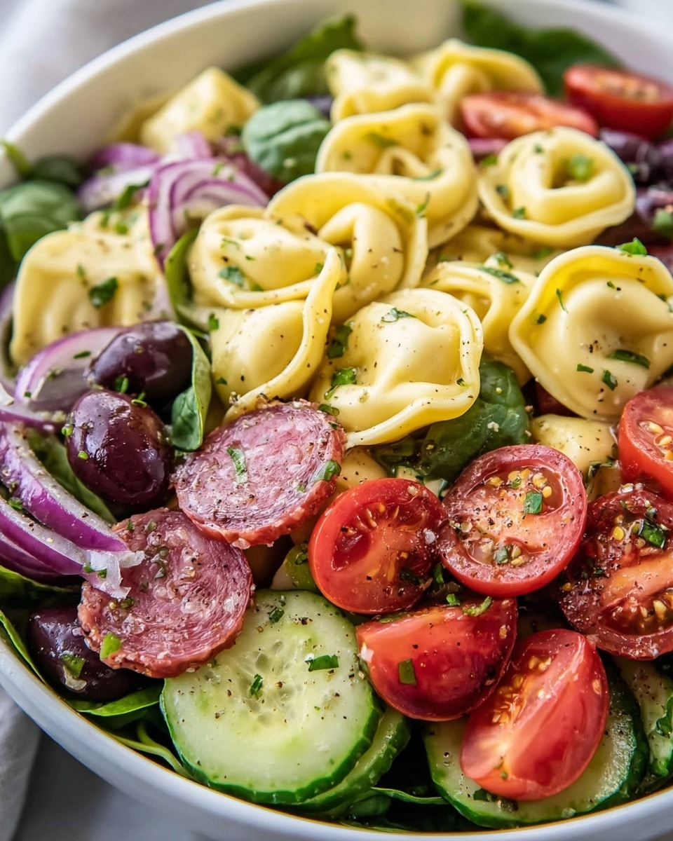 The image shows a white bowl filled with a colorful salad. The bottom layer is fresh dark green spinach leaves, unevenly spread to cover the base. On top, there are bright yellow tortellini pasta scattered around, with a smooth and slightly shiny texture. Mixed through are slices of reddish-brown salami, cut into thin rounds and placed randomly. There are also halved red cherry tomatoes with seeds visible inside, and round slices of dark green cucumber with a moist surface. Small dark purple olives are scattered throughout, adding contrast. The salad is lightly sprinkled with black pepper and small bits of green herbs, creating a speckled look. A metal fork rests vertically inside the bowl on the left side. The background features a white marbled surface. photo taken with an iphone --ar 4:5 --v 7