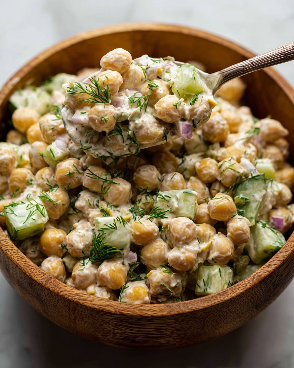 A close-up view of a wooden square bowl filled with a layered chickpea salad; the bottom layers include light beige chickpeas mixed with small chunks of pale green cucumber and small pieces of light purple onion, all coated in a creamy white dressing, with bright green dill scattered evenly throughout. On one side of the bowl, there are three thin yellow lemon slices leaning against the salad. The bowl rests on a warm wooden surface with fresh dill sprigs lying around. In the background, there is a blurred small bottle of olive oil and a whole lemon. The scene is lit softly, highlighting the salad's fresh and colorful textures. Photo taken with an iphone --ar 4:5 --v 7