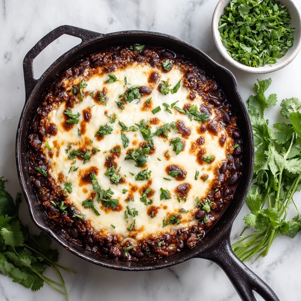 A black cast iron pan filled with a layered dish sitting on a white marbled texture. The bottom layer shows a dark brown mixture with visible black beans, which is thick and chunky. On top of this is a thick, creamy layer of melted cheese, white with golden brown spots indicating it is baked and slightly browned. The cheese layer is smooth and covers the entire surface of the pan. Scattered over the cheese are small pieces of fresh green cilantro, adding a fresh color contrast. Surrounding the pan are some fresh cilantro leaves and a white bowl filled with chopped cilantro. photo taken with an iphone --ar 4:5 --v 7