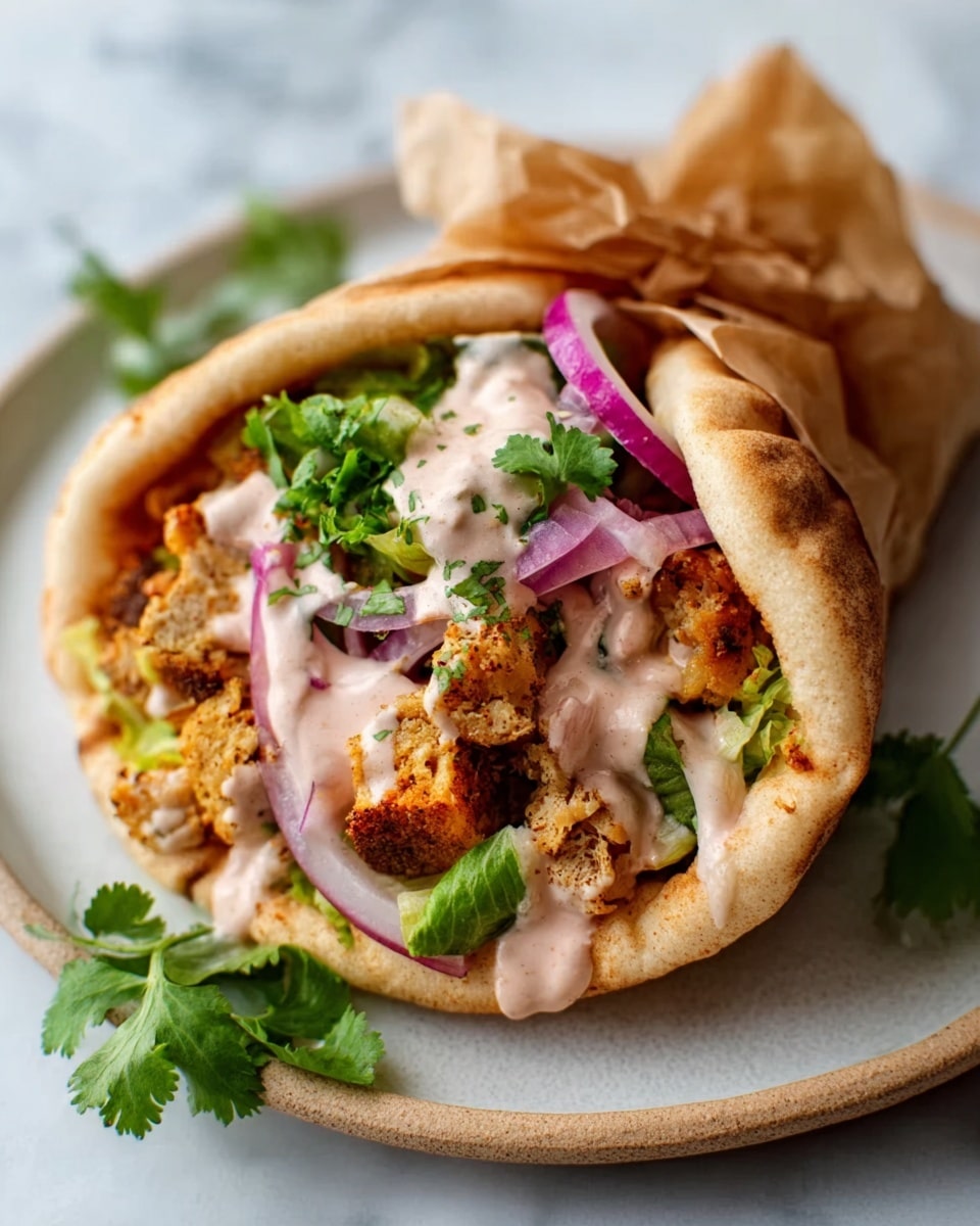 The image shows a pita wrap filled with multiple colorful layers. The base is a light brown pita bread folded and wrapped in brown parchment paper. Inside, there is a layer of cooked, golden-brown chunks of meat or tofu mixed with crispy, beige pieces. Fresh green lettuce leaves and thin slices of purple onion are layered on top, adding a vibrant contrast. There is a light pink creamy sauce drizzled over the filling. The wrap is placed on a white plate with some green cilantro leaves next to it, sitting on a white marbled surface. Photo taken with an iphone --ar 4:5 --v 7