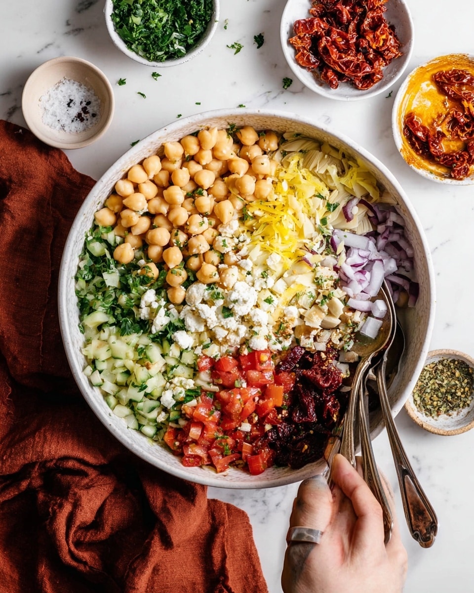 A white bowl filled with nine distinct layers arranged in sections: light beige chickpeas on the top left, creamy white crumbled cheese in the center top, off-white white beans to the right, dark red sun-dried tomatoes next to the beans, bright green chopped parsley and herbs below, pale green diced cucumbers at the bottom right, bright red chopped tomatoes above the cucumbers, vivid yellow diced bell peppers to the left of the tomatoes, and finely chopped purple onions next to the bell peppers, with shredded pale yellow artichoke hearts next to the chickpeas. Around the bowl, there are small white bowls containing coarse salt, a mix of black pepper, a bowl of dark red sun-dried tomatoes soaked in oil, garlic cloves, and fresh parsley on a white marbled surface with an orange-brown cloth and vintage silver scissors on the right side. Photo taken with an iphone --ar 4:5 --v 7
