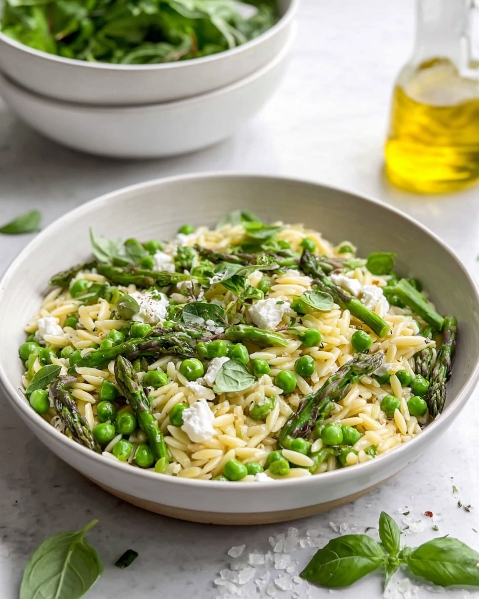A large round bowl filled with a fresh salad showing three main layers: the base layer is light yellow orzo pasta with a smooth texture; mixed throughout are bright green peas and asparagus spears cut into pieces showing a slightly glossy, tender texture; scattered on top are small white cheese crumbles, soft and crumbly in look, with a few green arugula leaves adding a touch of freshness and leafy texture. Around the bowl are a halved lemon, a glass of olive oil, some loose arugula leaves, and a pink cloth, all set on a white marbled surface. photo taken with an iphone --ar 4:5 --v 7