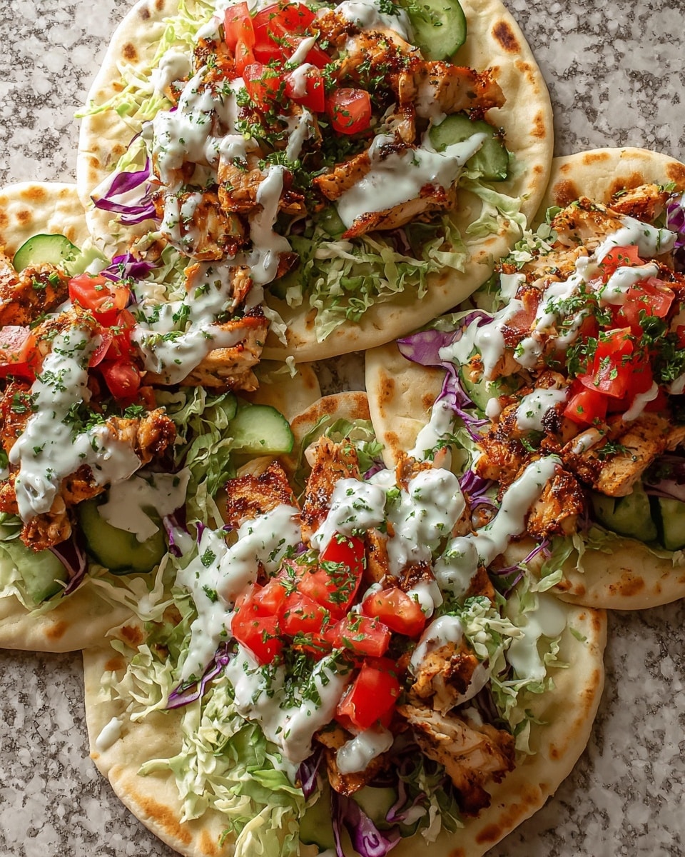 The image shows three pita wraps layered with grilled chicken pieces that have a slightly charred, golden-brown texture on top, resting on a bed of shredded green and purple cabbage mixed with sliced cucumbers. There are small chunks of bright red tomatoes scattered across the wraps, topped with a drizzle of white sauce flecked with green herbs. The pita bread underneath is light tan with darker toasted spots, lying on a round white plate set on a white marbled surface. photo taken with an iphone --ar 4:5 --v 7
